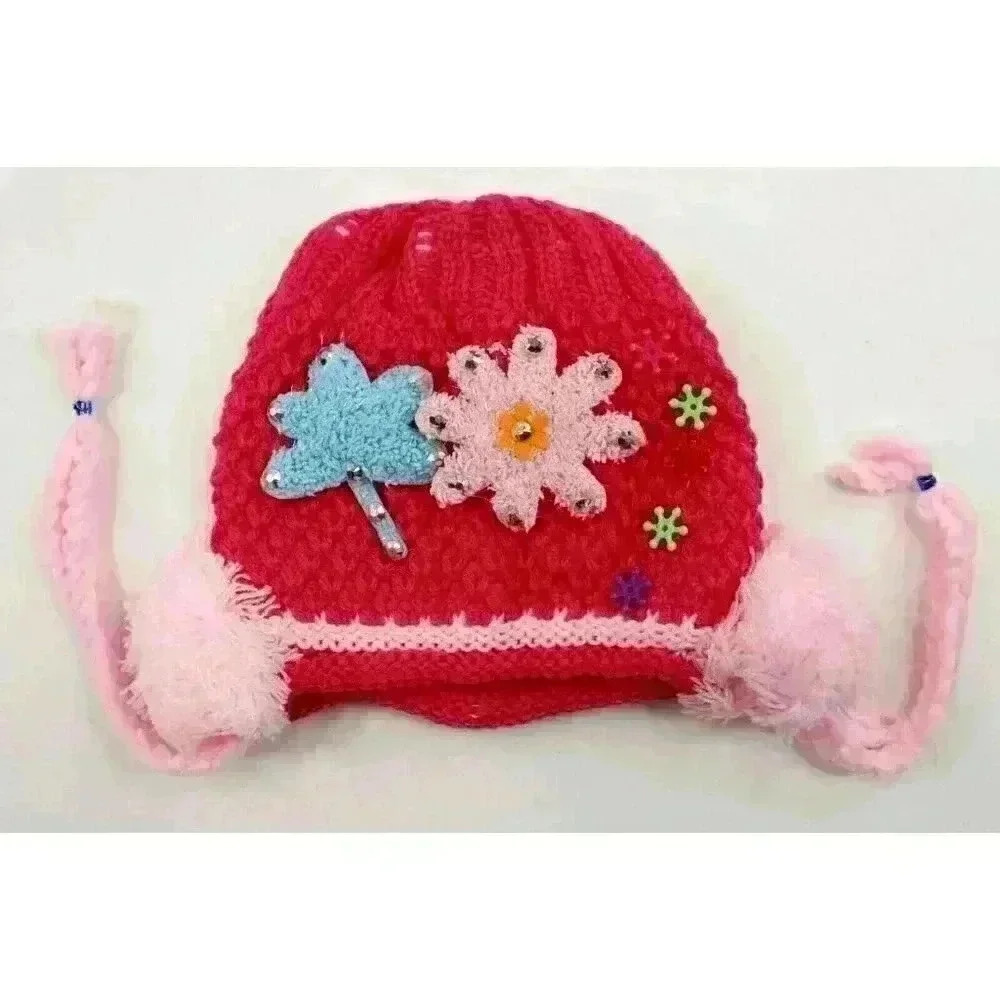 HAND knitted girl hat with knitted applique with beads for 3-6 year old. NEW.